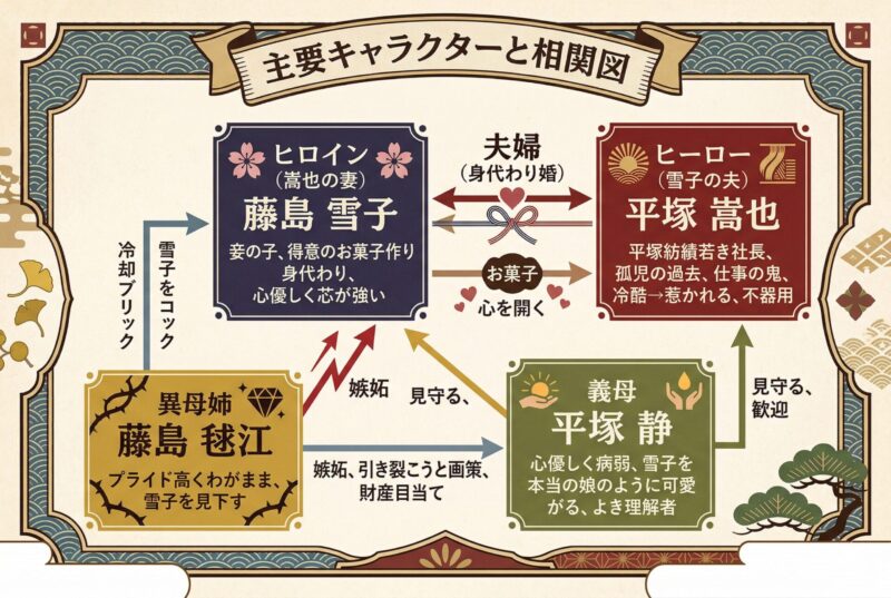 大正身代わり婚の主要キャラクターの相関図画像